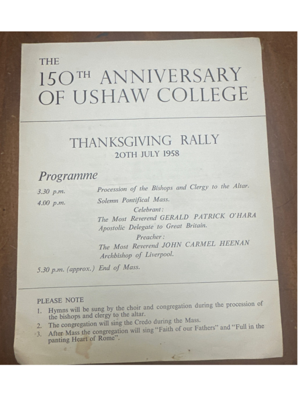 Vintage Ushaw College 150th Anniversary Rally Program Print, Beige/Black